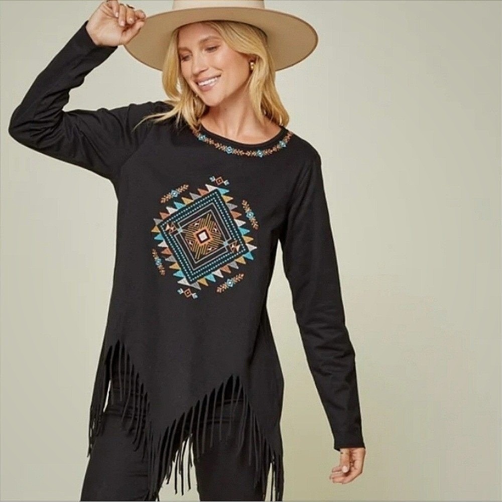 Savanna Jane Women's Aztec Embroidered Flowy Southwest Fringed Top Black S